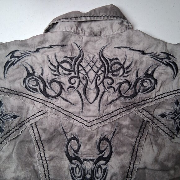 Roar Shirt Men XL Embroidered Distressed Long Sleeve Button Up Y2K Biker Rock - Picture 14 of 16